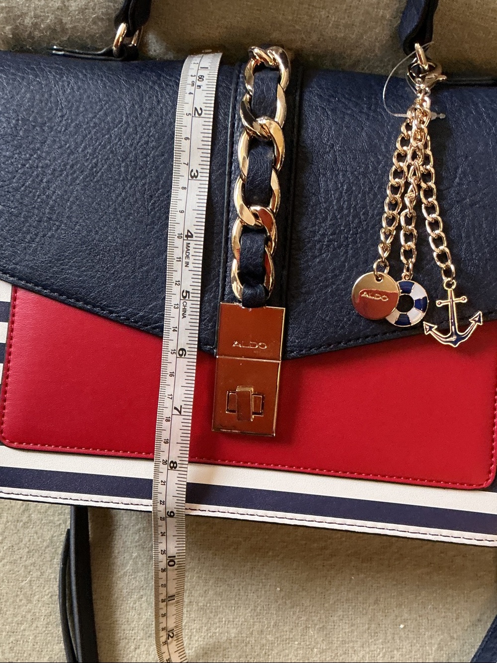 ALDO Navy, Red & White Striped Chain-Accent Satchel - Picture 7 of 7